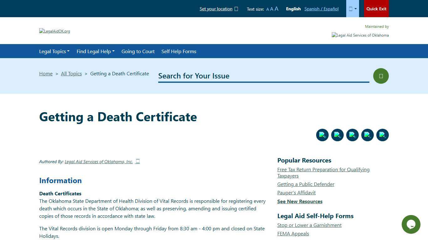 Getting a Death Certificate Welcome to Legal Aid Services of Oklahoma's guide to free legal help in Oklahoma.
