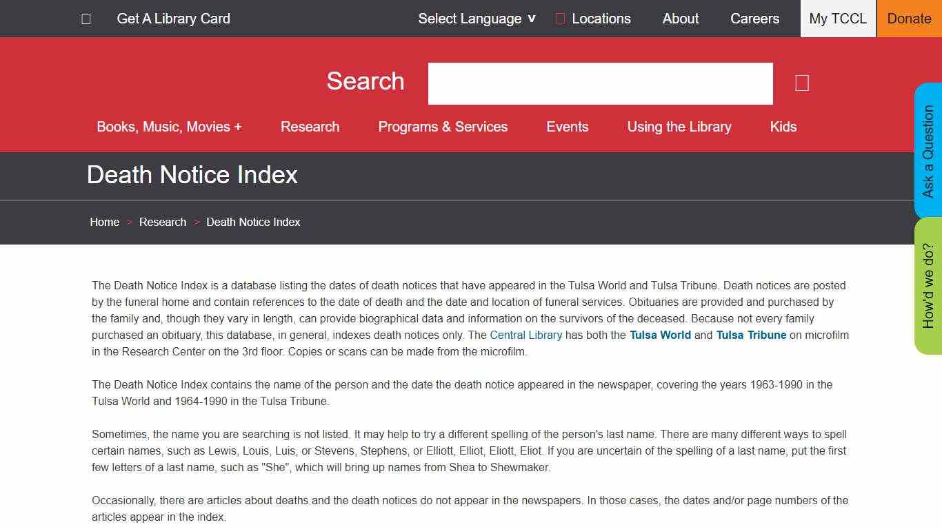 Death Notice Index Tulsa Library